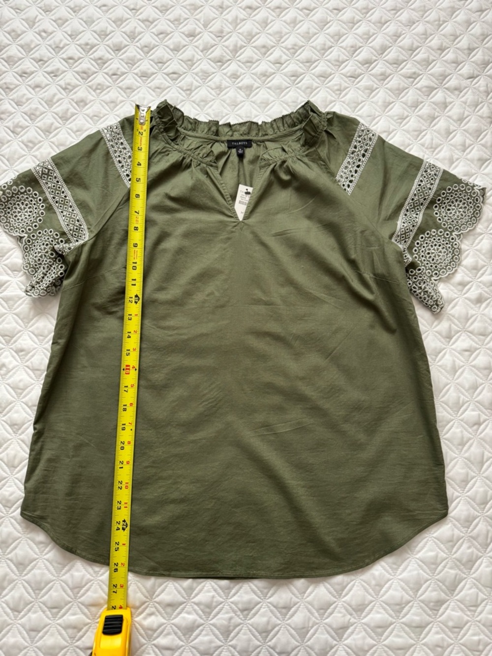NWT Talbots Olive Green Embroidered Eyelet Sleeve Ruffle Neck Blouse Size Medium - Picture 4 of 15